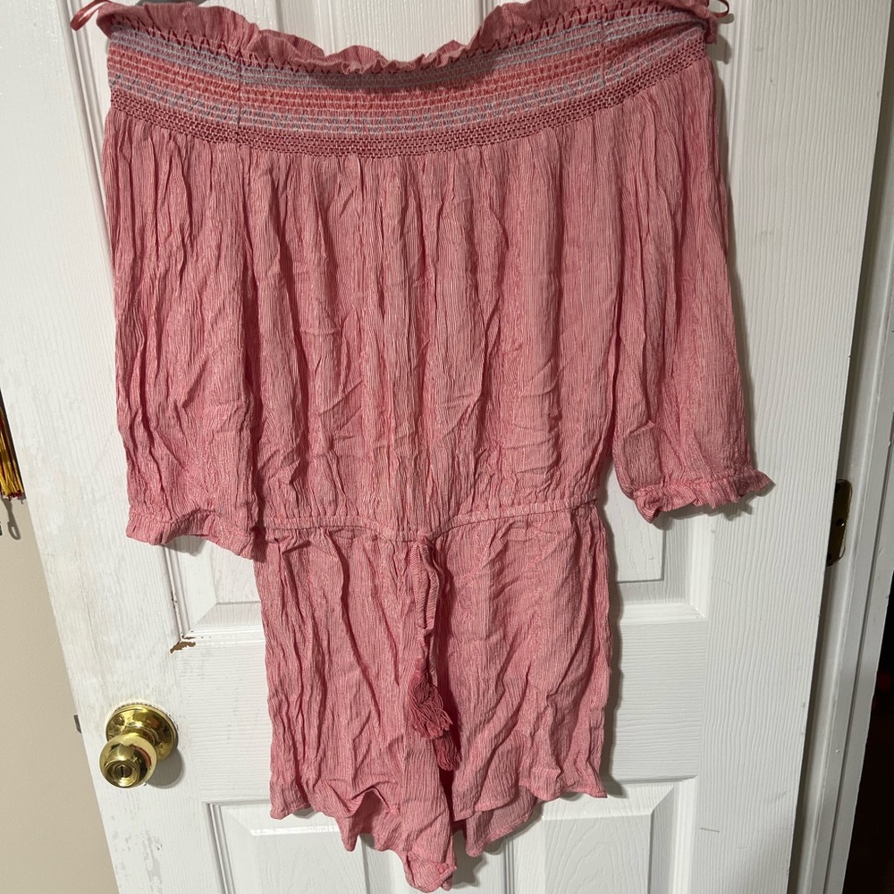 pink off the shoulder quarter sleeve romper